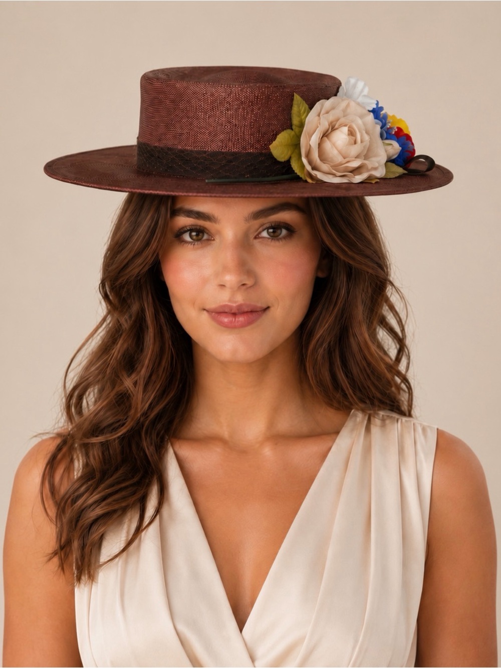 Mid Century Vintage Burgundy Straw Boater Hat Floral Derby Garden Party 21”